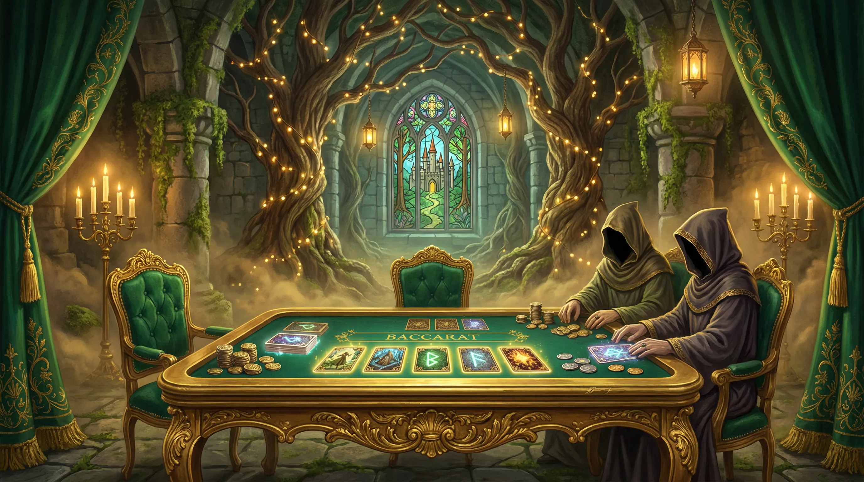 Mesa de bacará elegante com cartas douradas no Pixbet