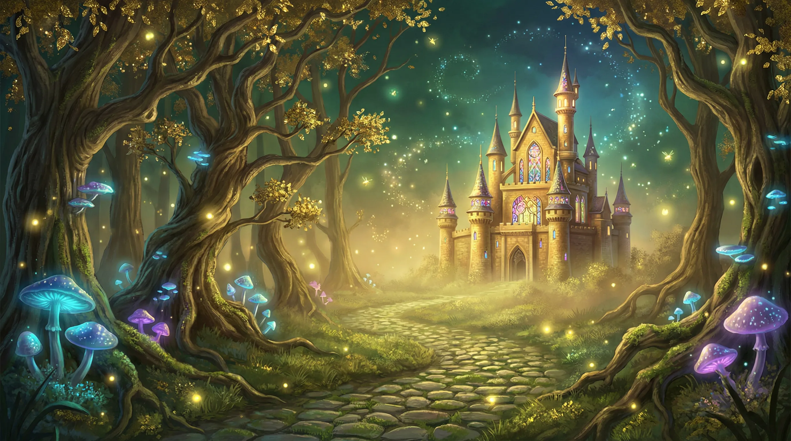 Floresta encantada do cassino Pixbet com castelo dourado